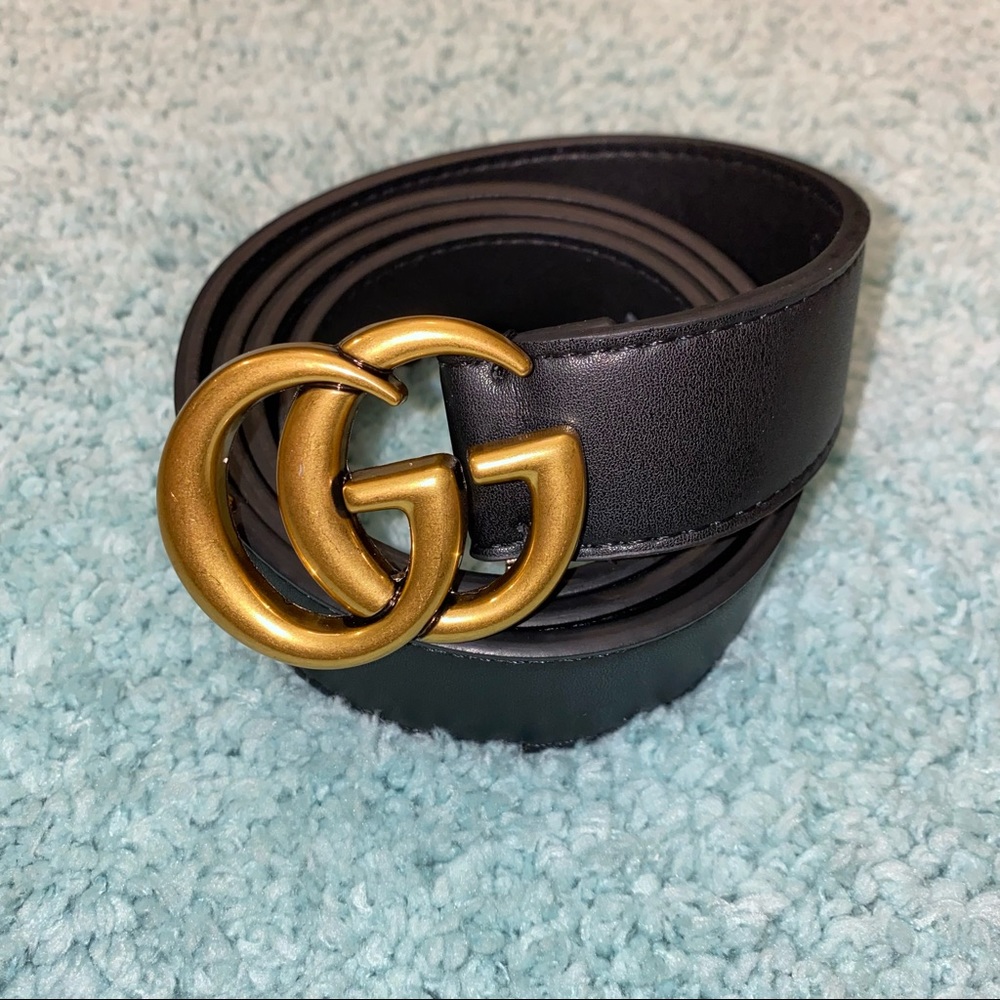 Skinny 1.5” Double G Women’s Black Leather Brass Gold Belt Double GG 105cm/42in